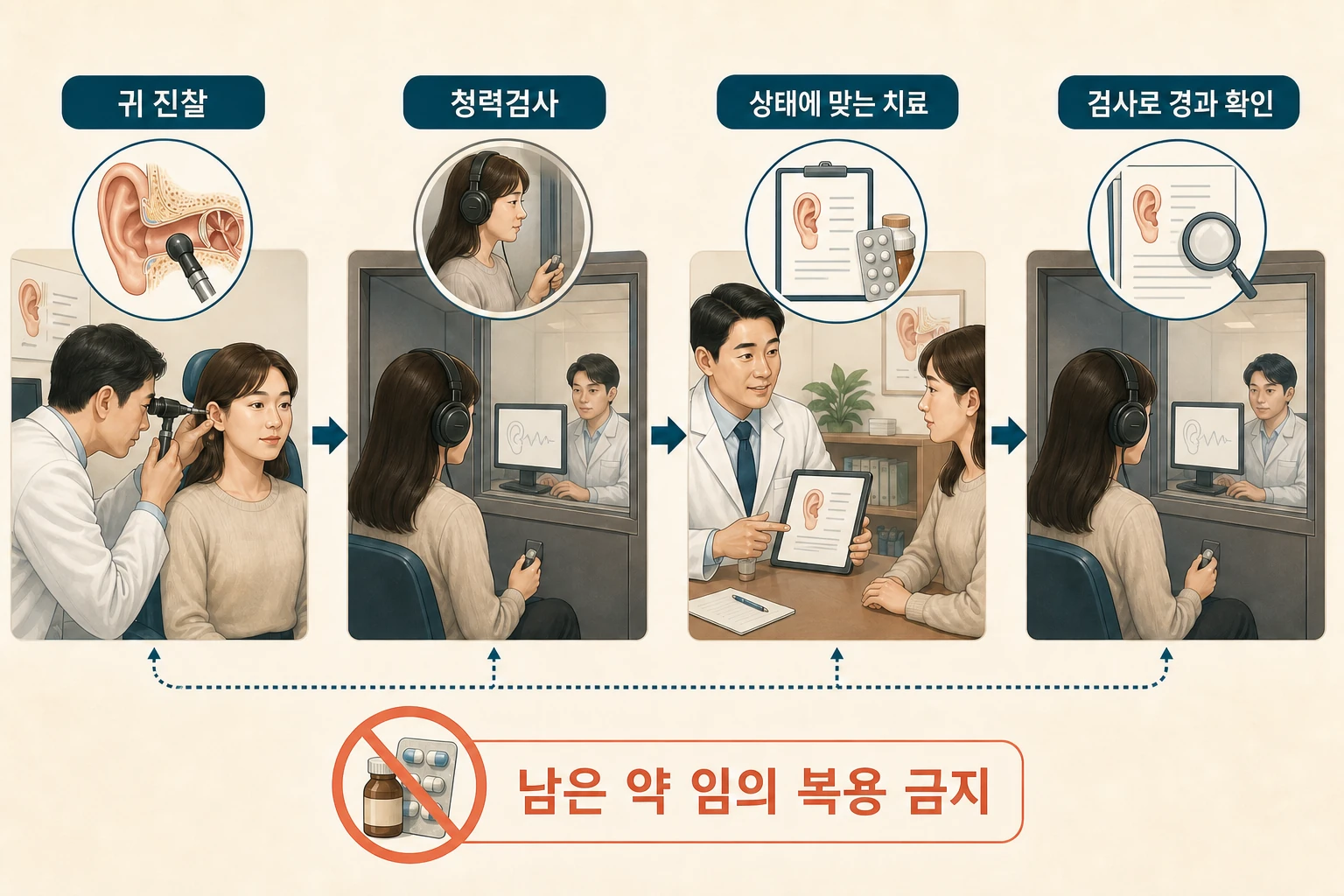 귀 검사와 청력검사 뒤 개인별 치료 및 재검사로 이어지는 과정