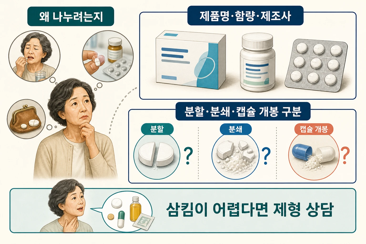 약을 나누려는 이유·제품명·함량·제조사와 삼킴 문제를 약사에게 질문