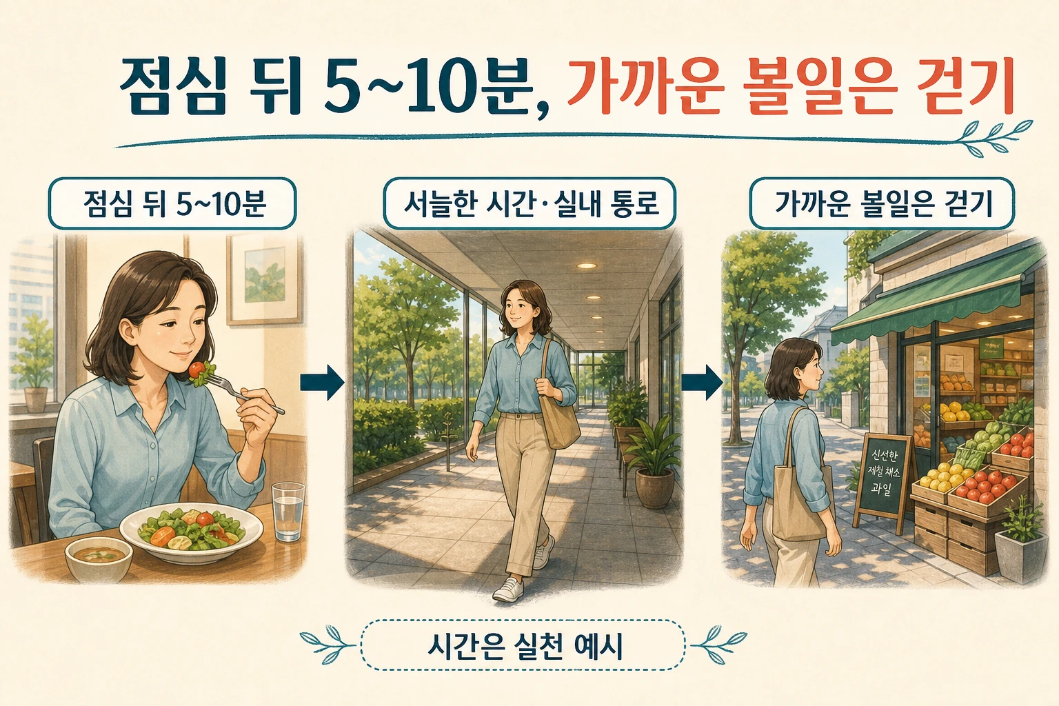 식후 짧은 걷기와 서늘한 통로, 가까운 볼일 걷기의 실천 예시