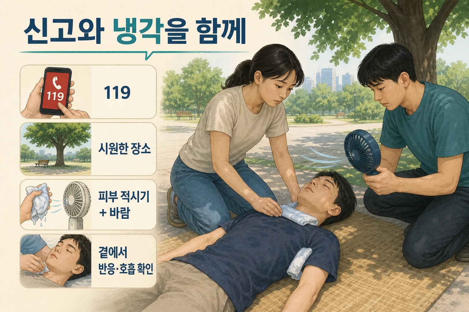 119 신고와 피부 적시기·바람 보내기·호흡 확인을 함께 하는 순서