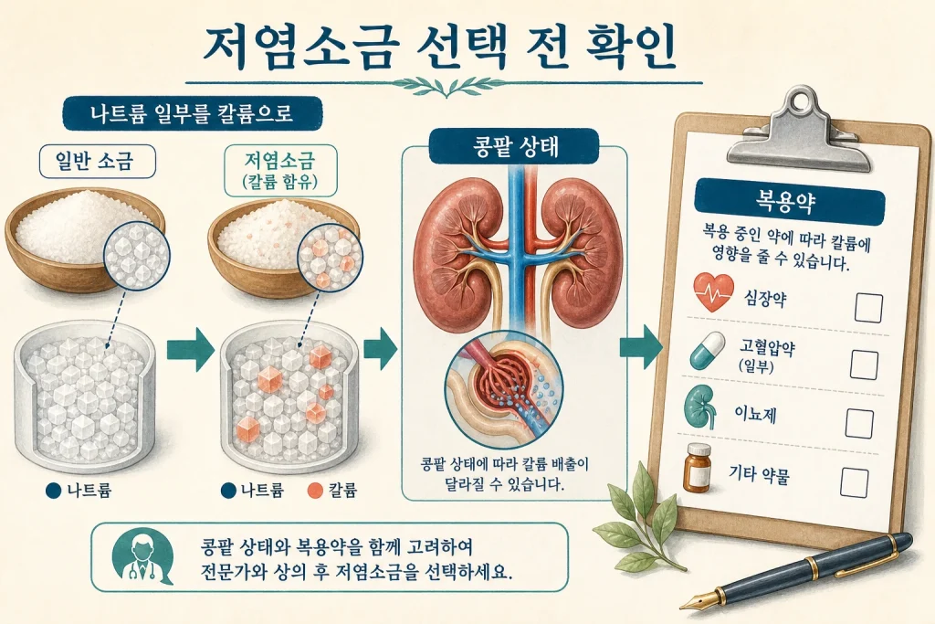 저염소금으로 바꾸기 전 콩팥 상태와 복용약을 확인하는 장면