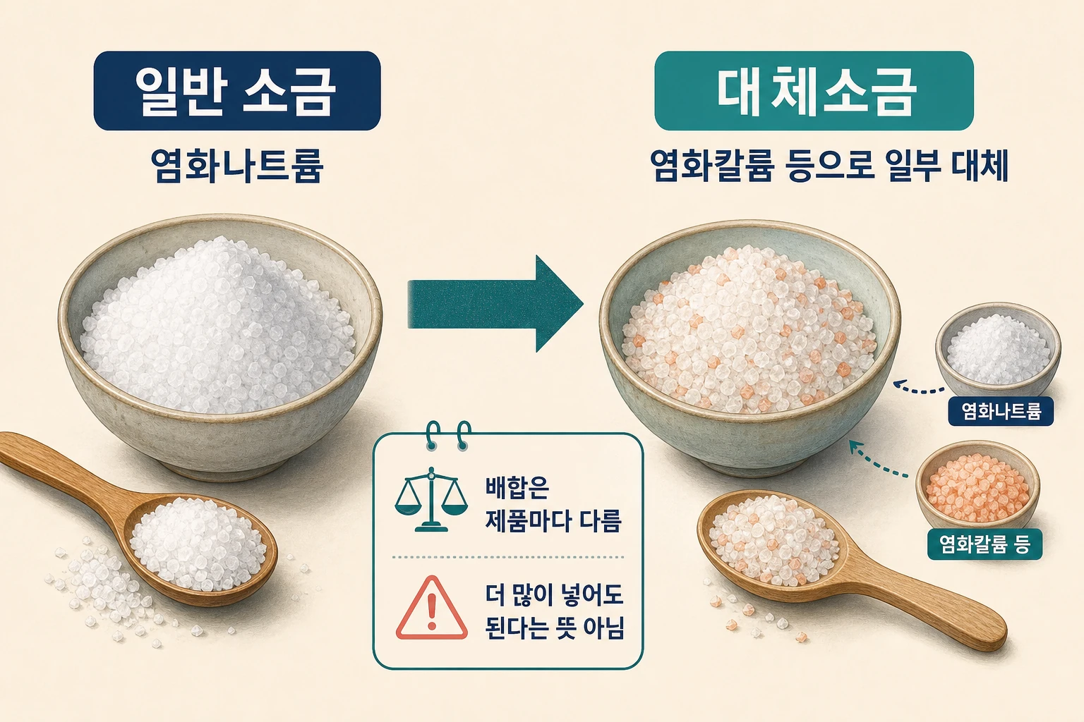 일반 소금과 염화칼륨이 일부 포함된 저염소금의 성분 차이
