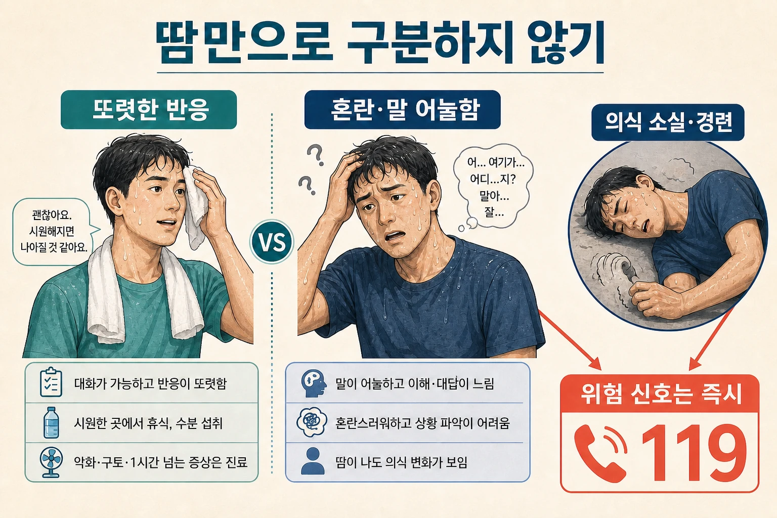 더위 속 의식이 또렷한 경우와 혼란·경련·의식 소실 때의 응급대응 구분