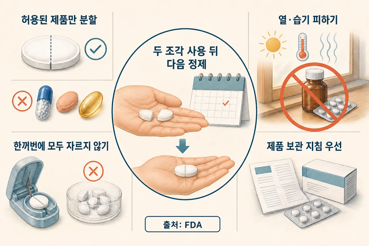 허용된 약만 나누고 두 반쪽 사용 뒤 다음 약을 나누는 보관 원칙