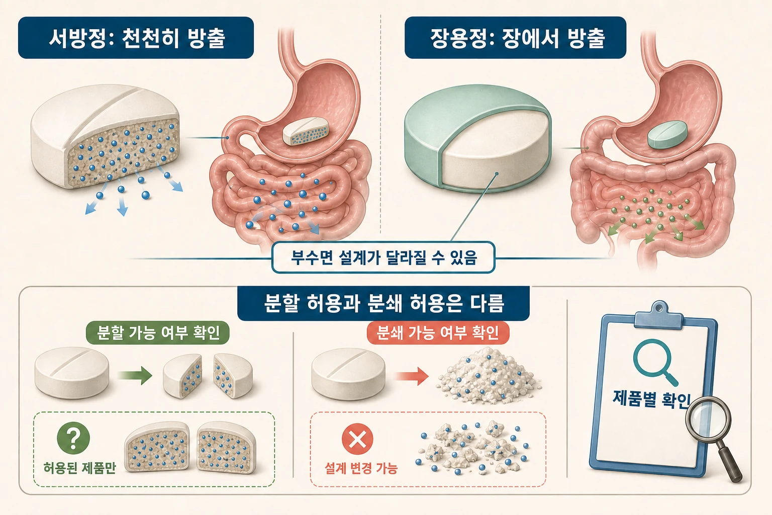 서방정과 장용정의 구조, 분할과 분쇄가 약 방출에 미치는 차이