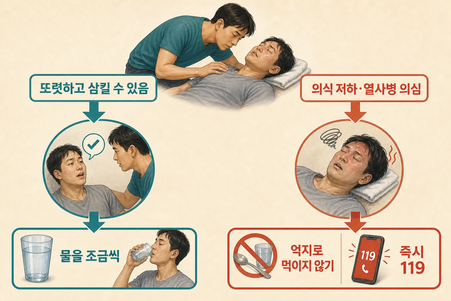 의식과 삼킴 상태에 따라 물을 조금씩 마실 경우와 먹이면 안 되는 경우