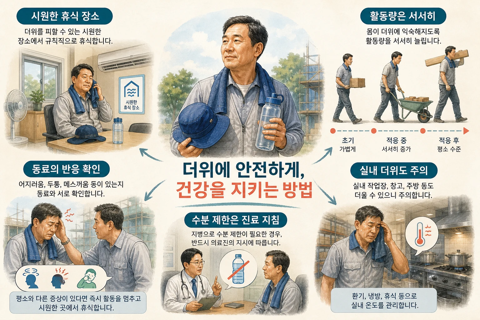 더운 날 휴식·활동 조절과 가족 연락, 의료진의 수분 제한 지침 확인
