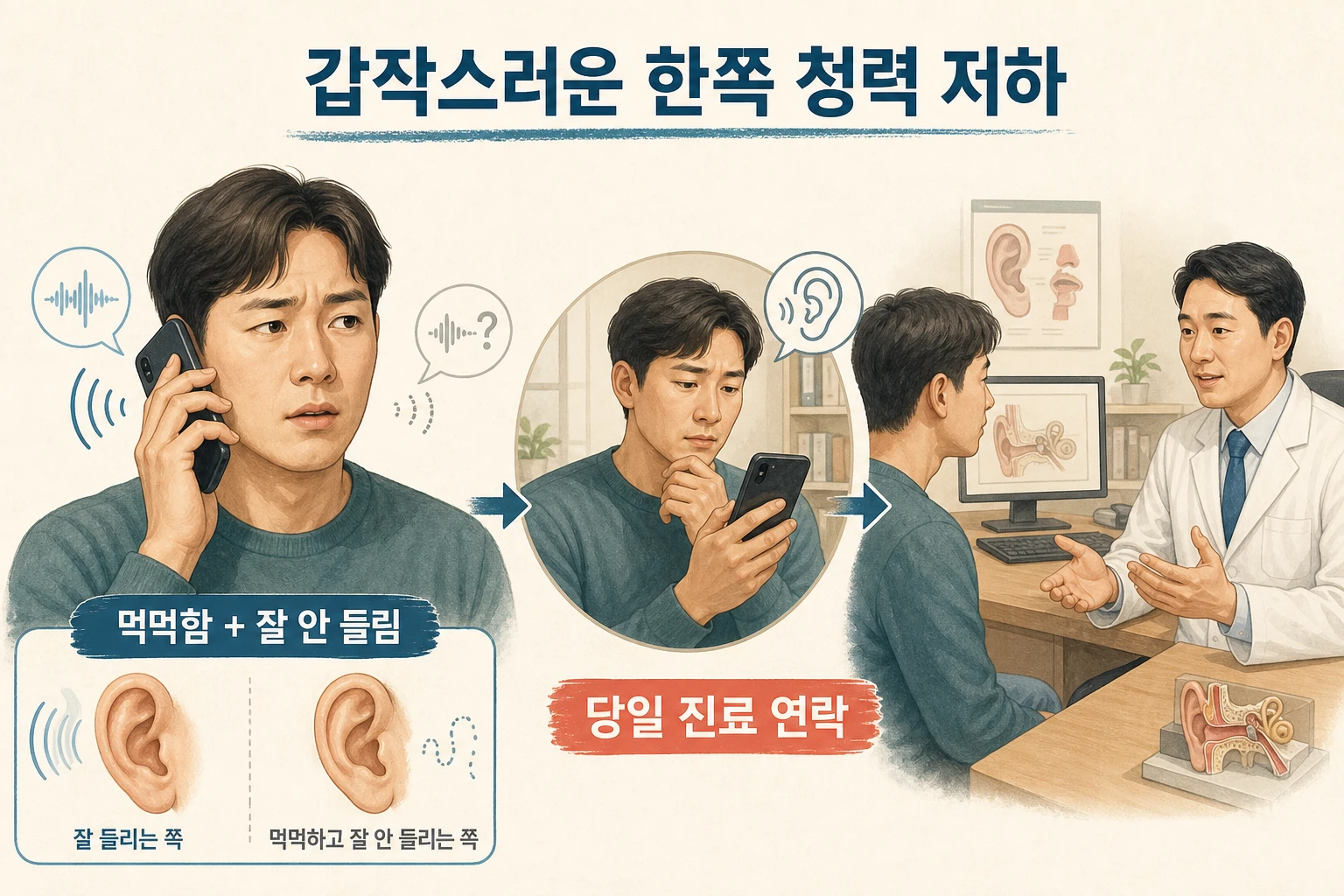 한쪽 전화 소리가 갑자기 작아진 사람이 당일 진료를 문의하는 장면