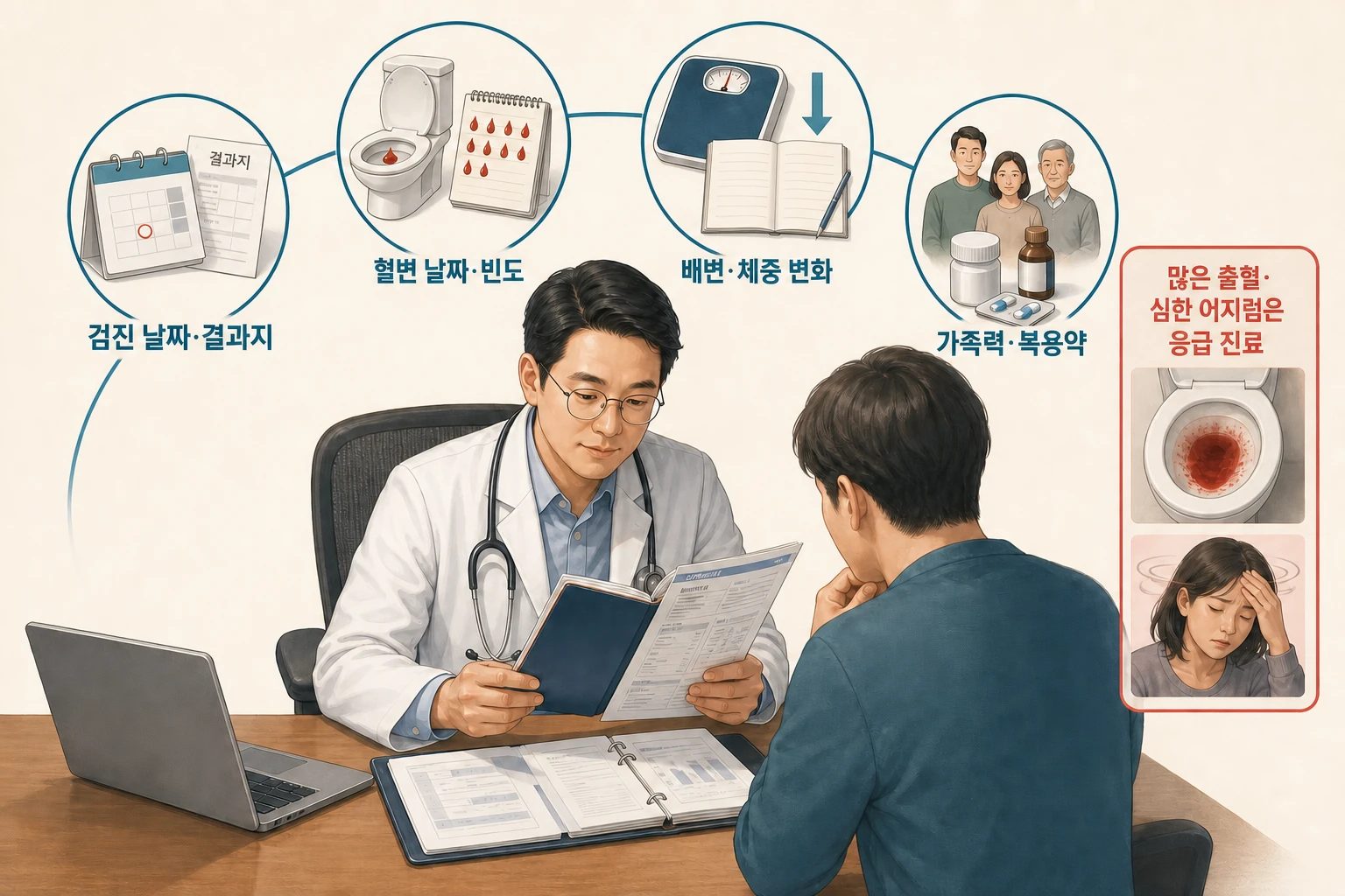 검진 결과지·출혈 날짜·배변 변화·체중·가족력·약 목록을 챙기는 기록