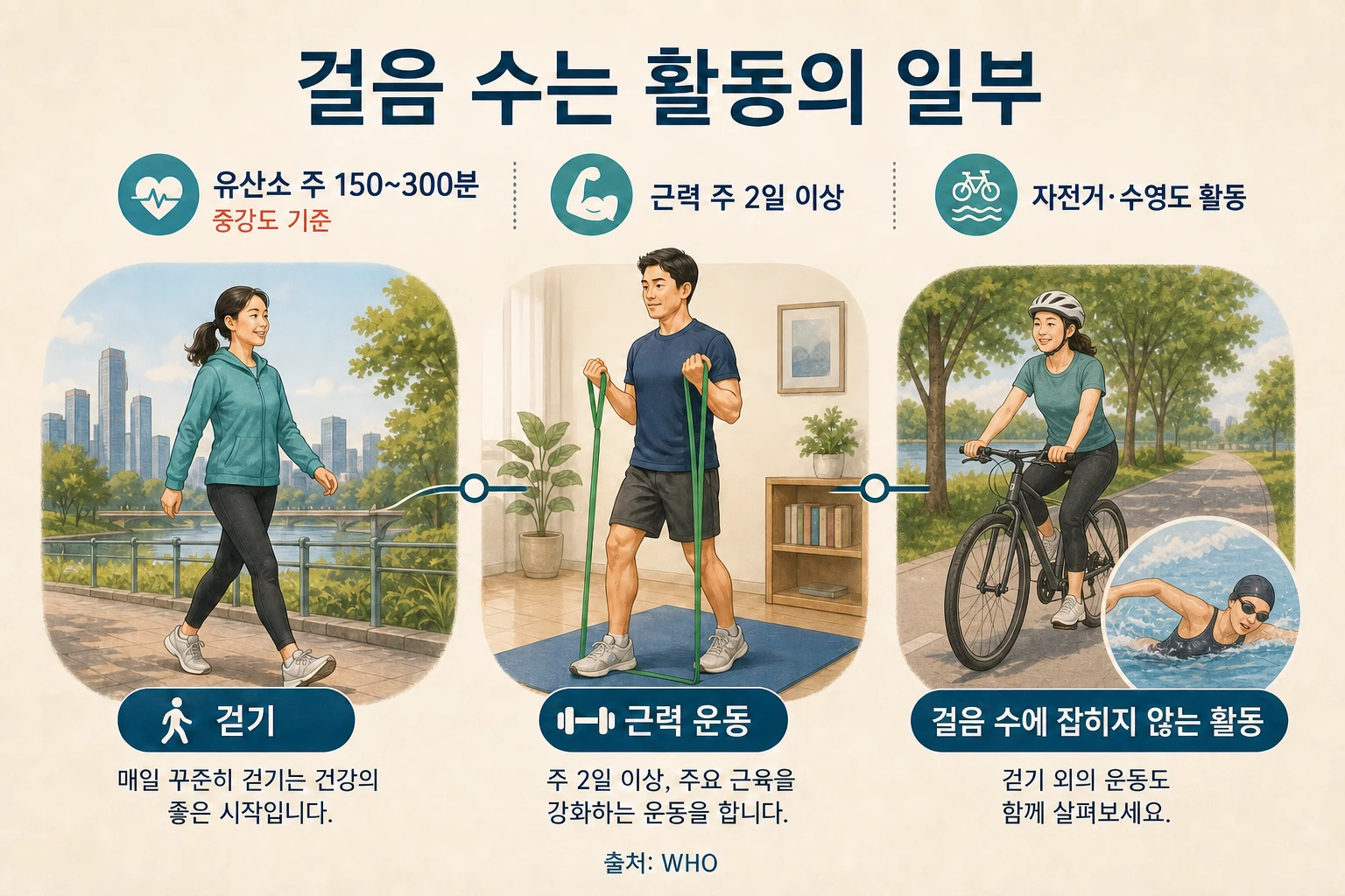 유산소 150~300분과 근력 주 2일, 자전거·수영을 함께 살피는 활동 안내