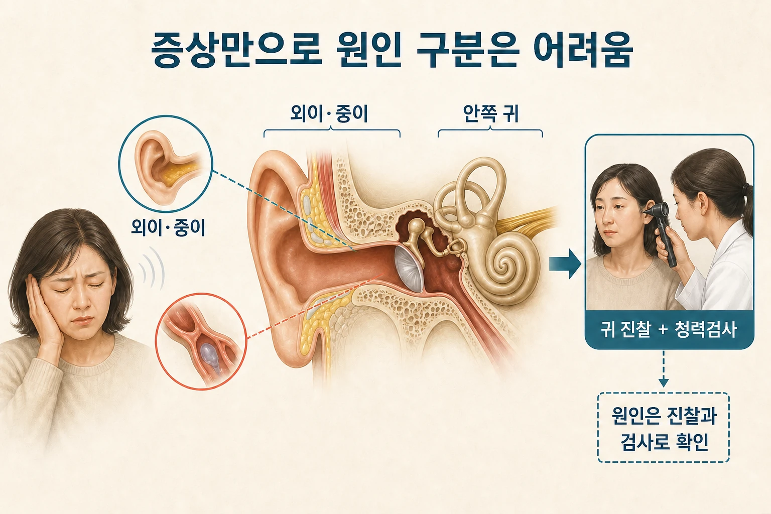 외이·중이의 소리 전달 경로와 안쪽 귀 문제를 검사로 구분하는 설명