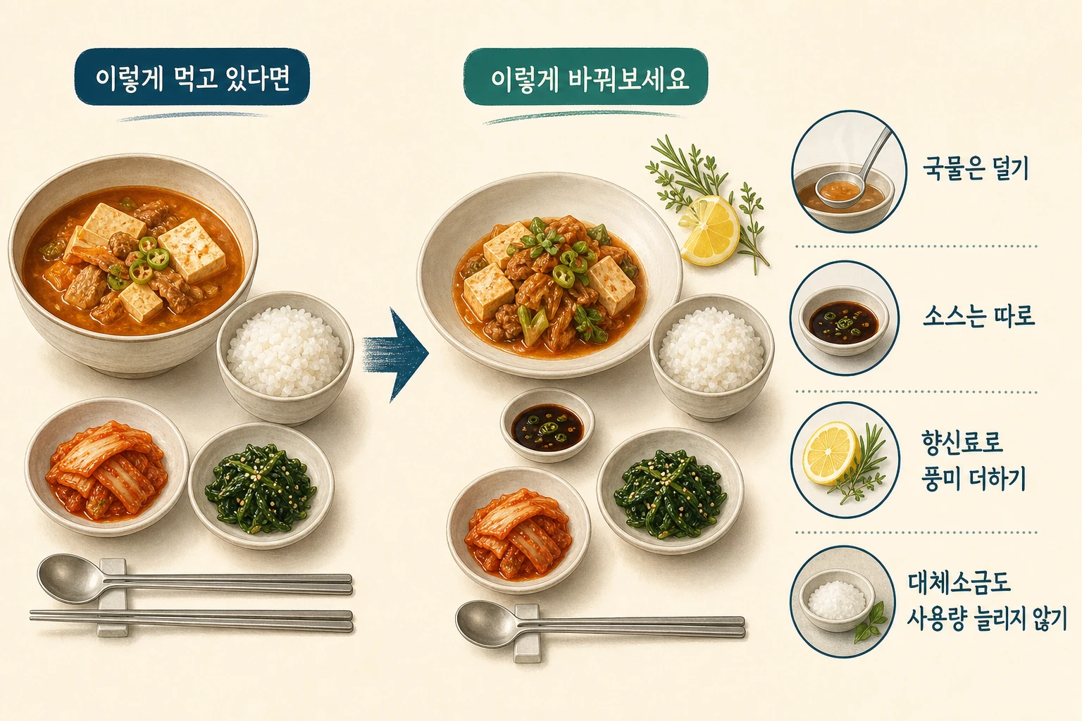 국물 적게 먹기·소스 따로 두기·허브로 간 조절하기의 식사 실천