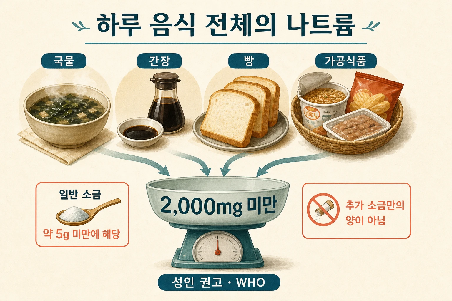 하루 전체 음식의 나트륨 2,000mg 미만과 일반 소금 약5g 미만 비교