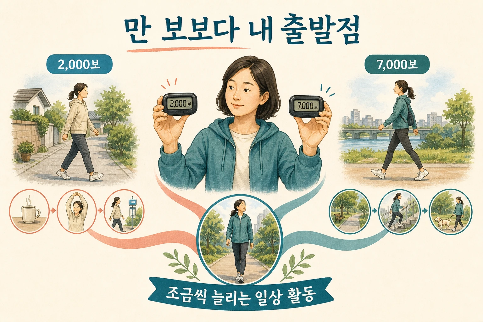 현재 걸음 수에서 일상 활동을 조금씩 늘리는 두 사람의 비교