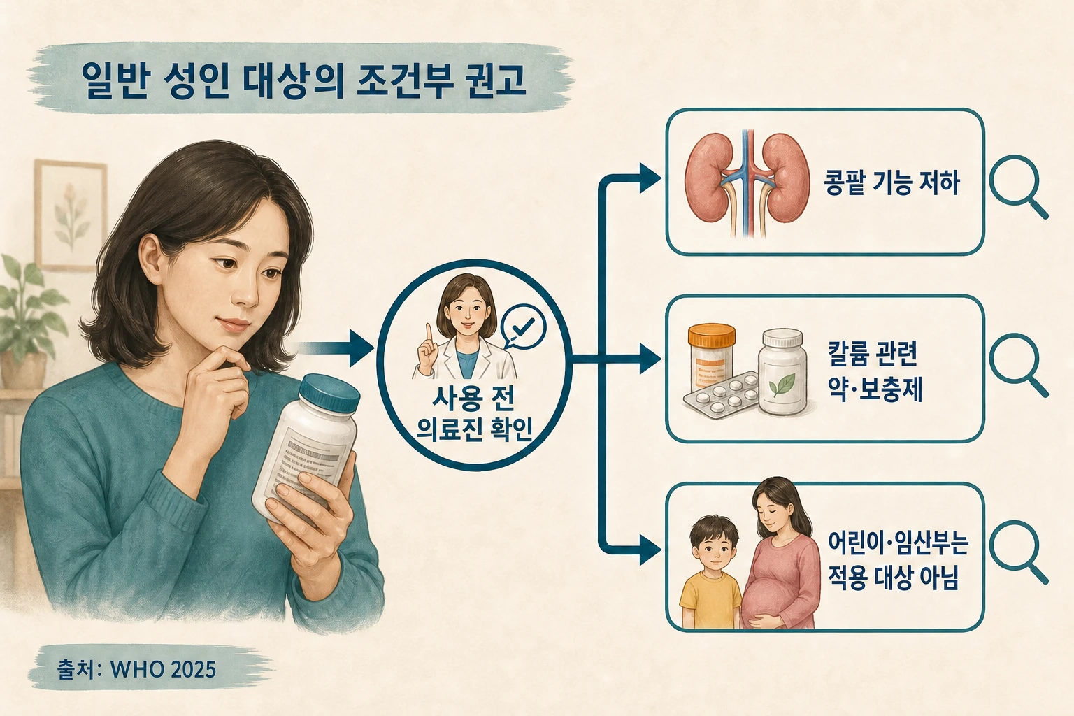 WHO 조건부 권고의 일반 성인 대상과 콩팥·약물·임신·어린이 예외