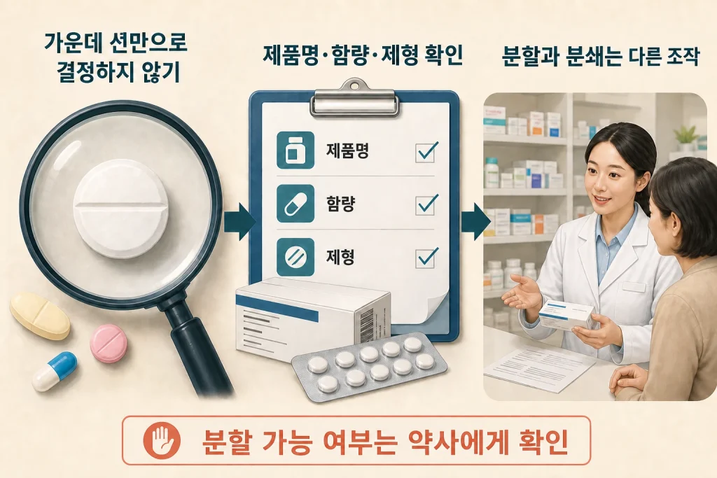 알약 분할선뿐 아니라 제품명·함량·제형을 약사와 확인하는 장면