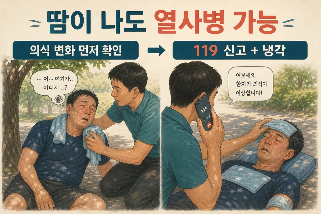 땀이 나면서 혼란을 보이는 사람에게 119 신고와 냉각을 시작하는 장면
