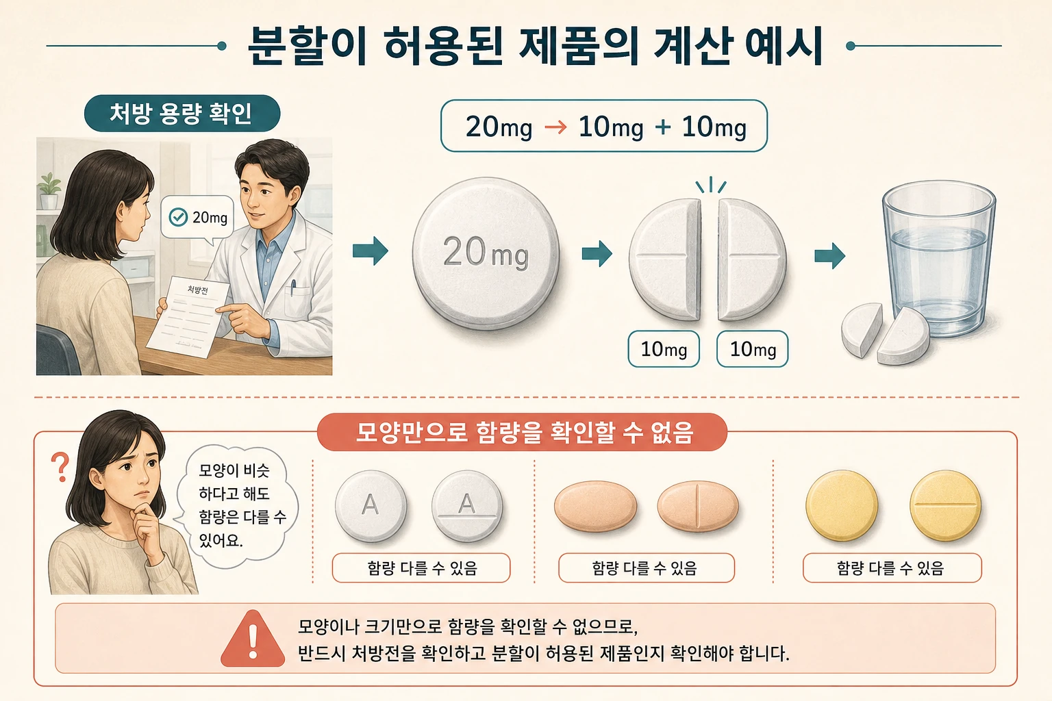 허용된 제형과 처방 용량에서만 20mg 알약을 10mg씩 나누는 가상 예시