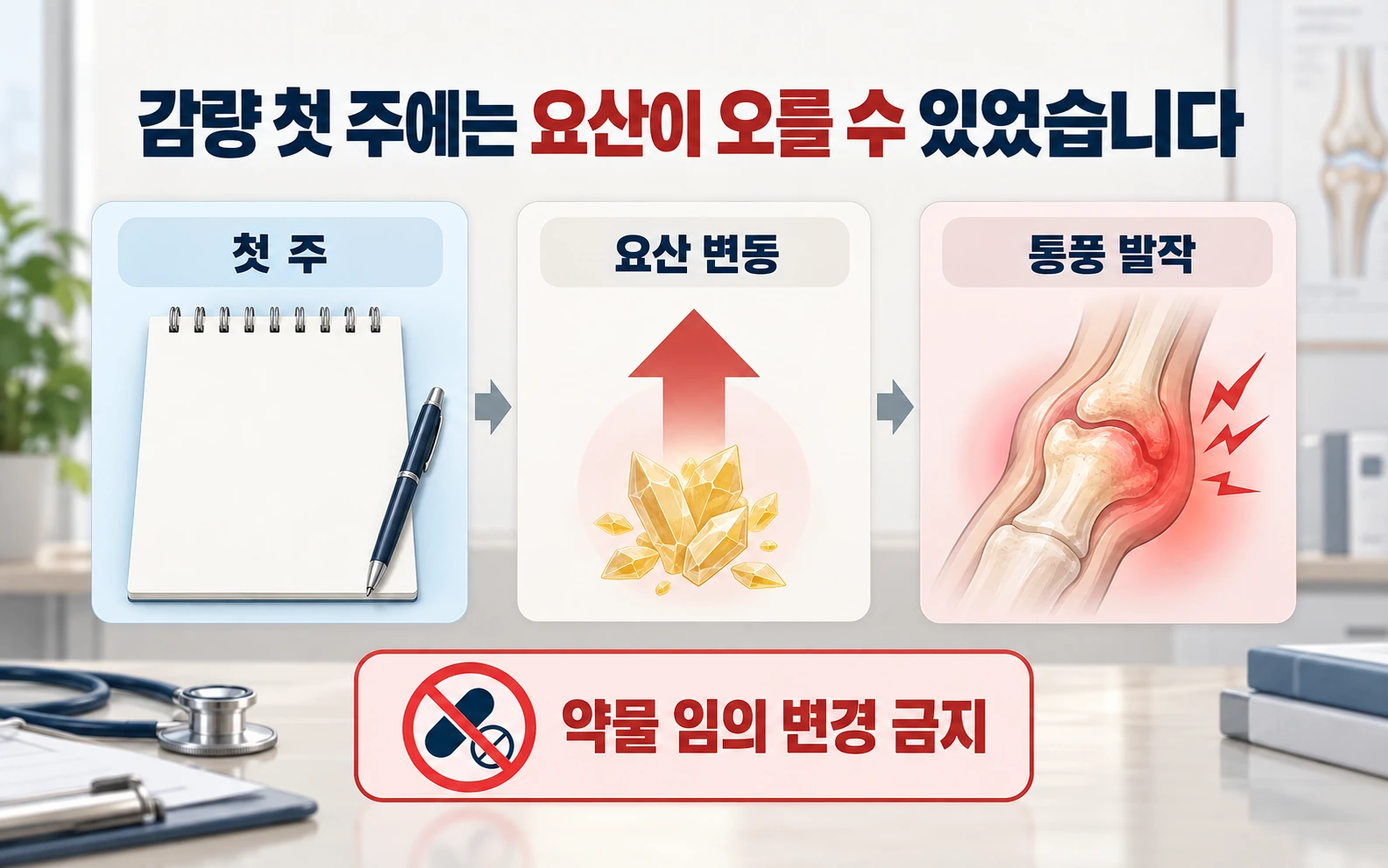 감량 첫 주에는 요산이 오를 수 있었습니다