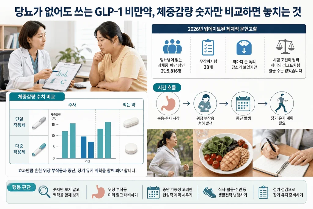 당뇨가 없어도 쓰는 GLP-1 비만약, 체중감량 숫자만 비교하면 놓치는 것 핵심 내용을 보여주는 대표 이미지