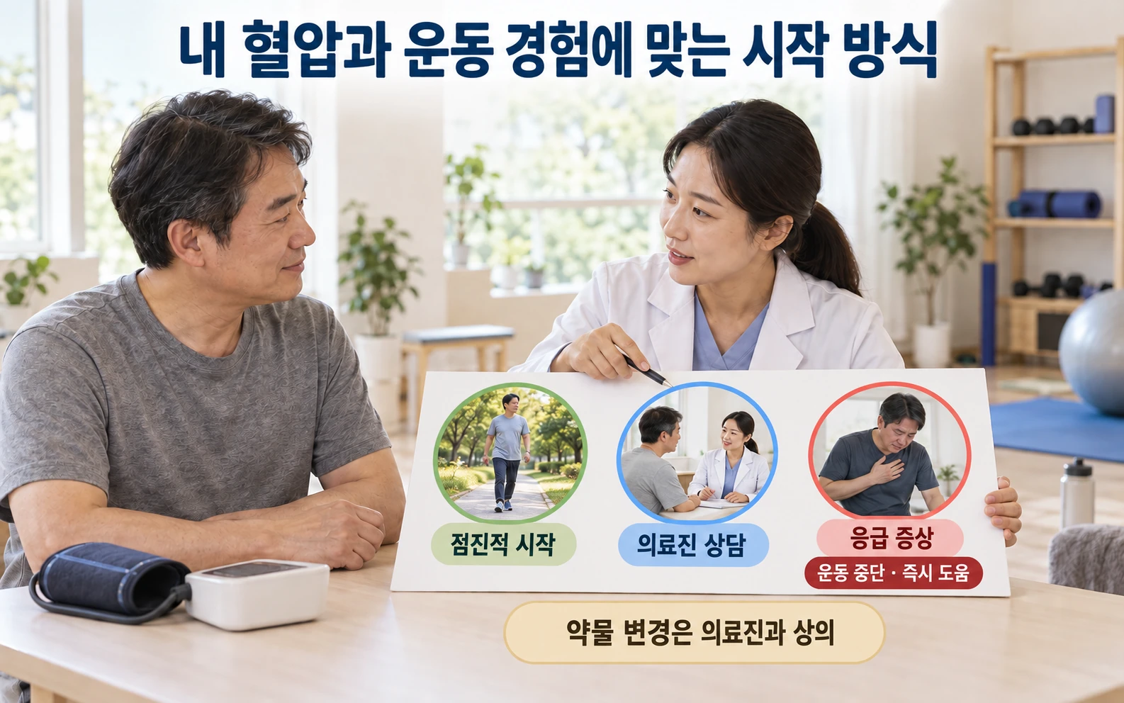 운동 시작·의료진 상담·응급 도움 상황 구분