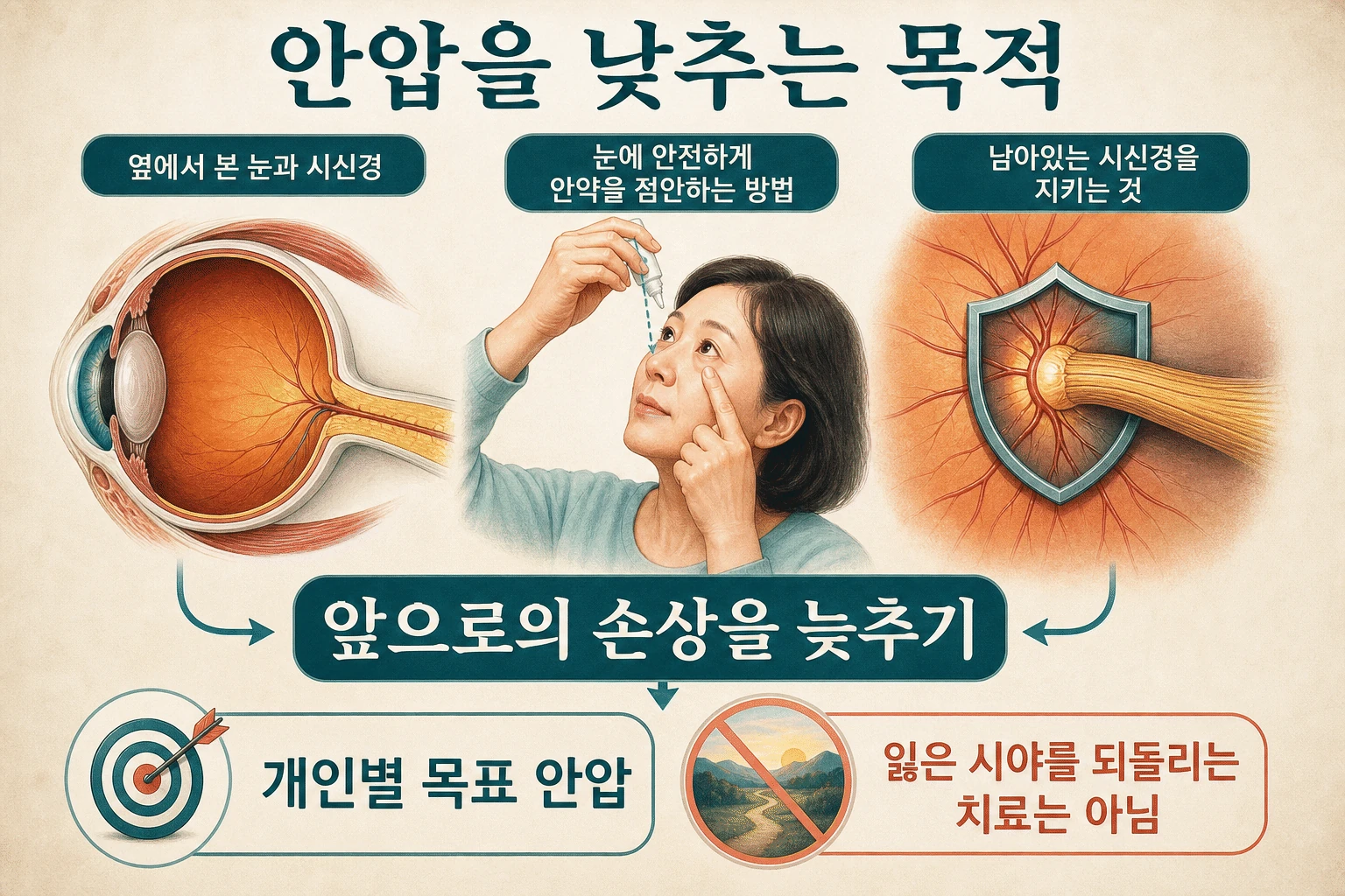 정상 안압을 더 낮추는 치료의 의미 내용을 설명하는 건강 정보 그림