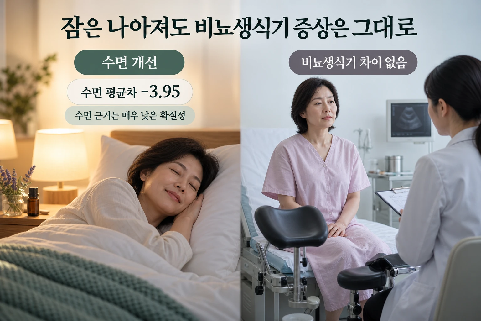 갱년기 아로마요법, 잠은 나아져도 비뇨생식기 증상은 달라지지 않았습니다 연구 결과와 적용 한계를 보여주는 3번째 인포그래픽