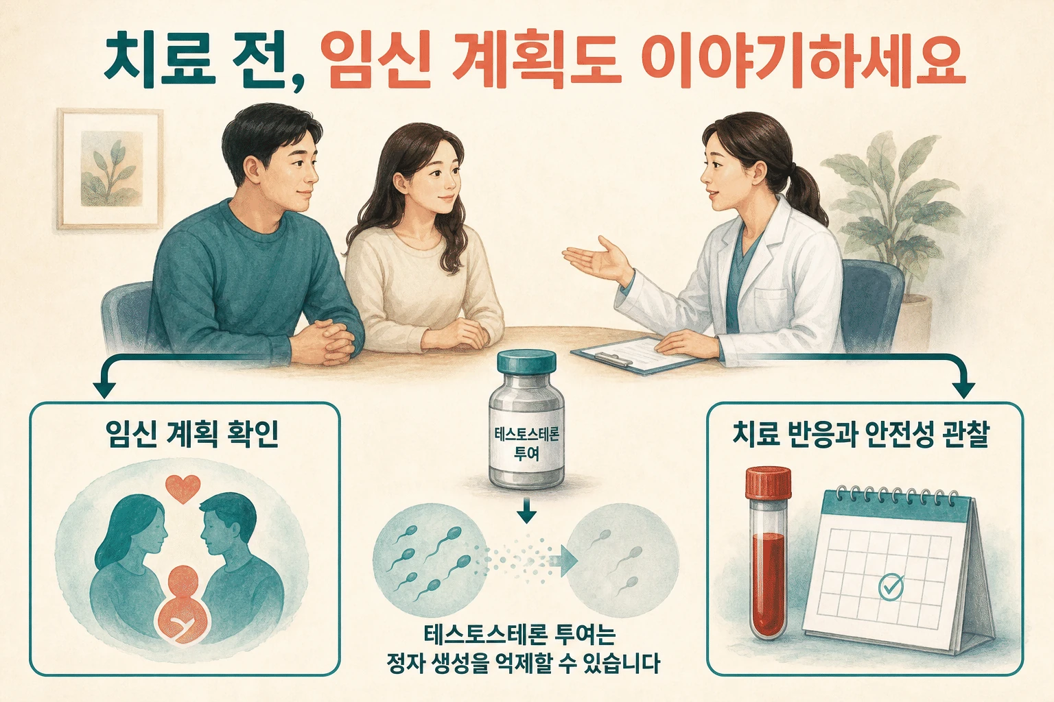 치료 전에 나눌 미래의 계획 내용을 설명하는 건강 정보 그림