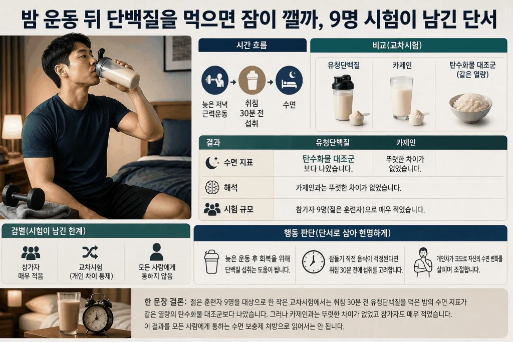 밤 운동 뒤 단백질을 먹으면 잠이 깰까, 9명 시험이 남긴 단서 핵심 내용을 보여주는 대표 이미지