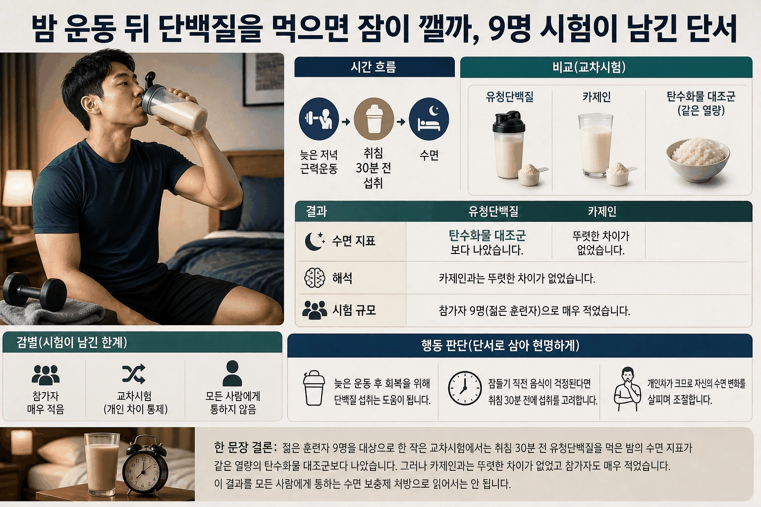 밤 운동 뒤 단백질을 먹으면 잠이 깰까, 9명 시험이 남긴 단서 핵심 내용을 보여주는 대표 이미지