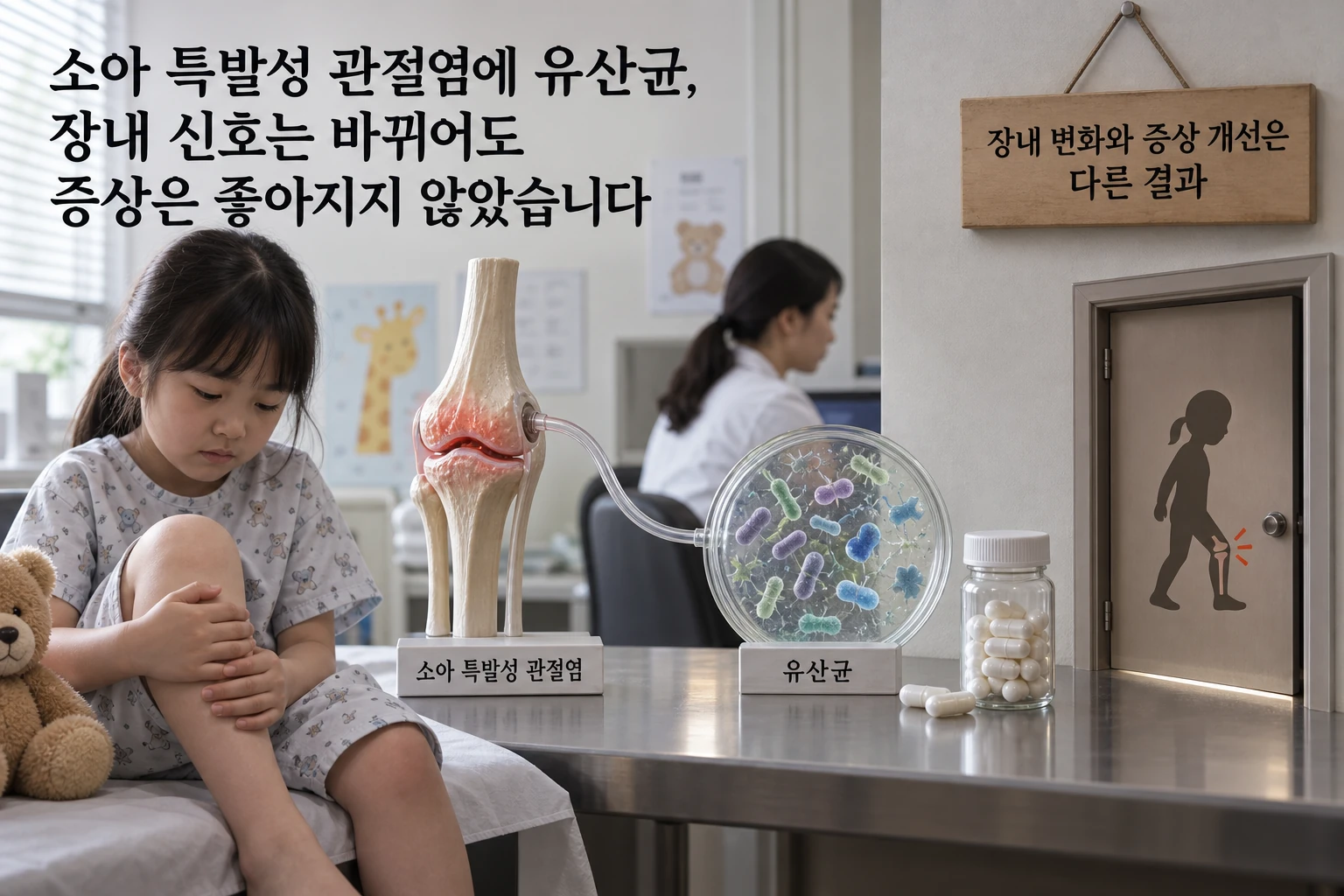 소아 특발성 관절염에 유산균, 장내 신호는 바뀌어도 증상은 좋아지지 않았습니다 연구 결과와 적용 한계를 보여주는 1번째 인포그래픽