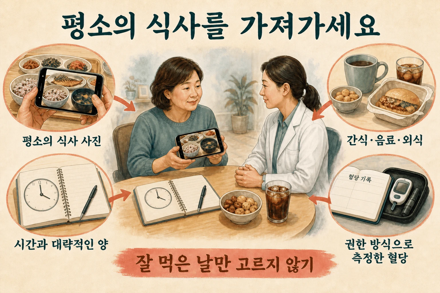 다음 상담에 가져갈 식사 기록 내용을 설명하는 건강 정보 그림