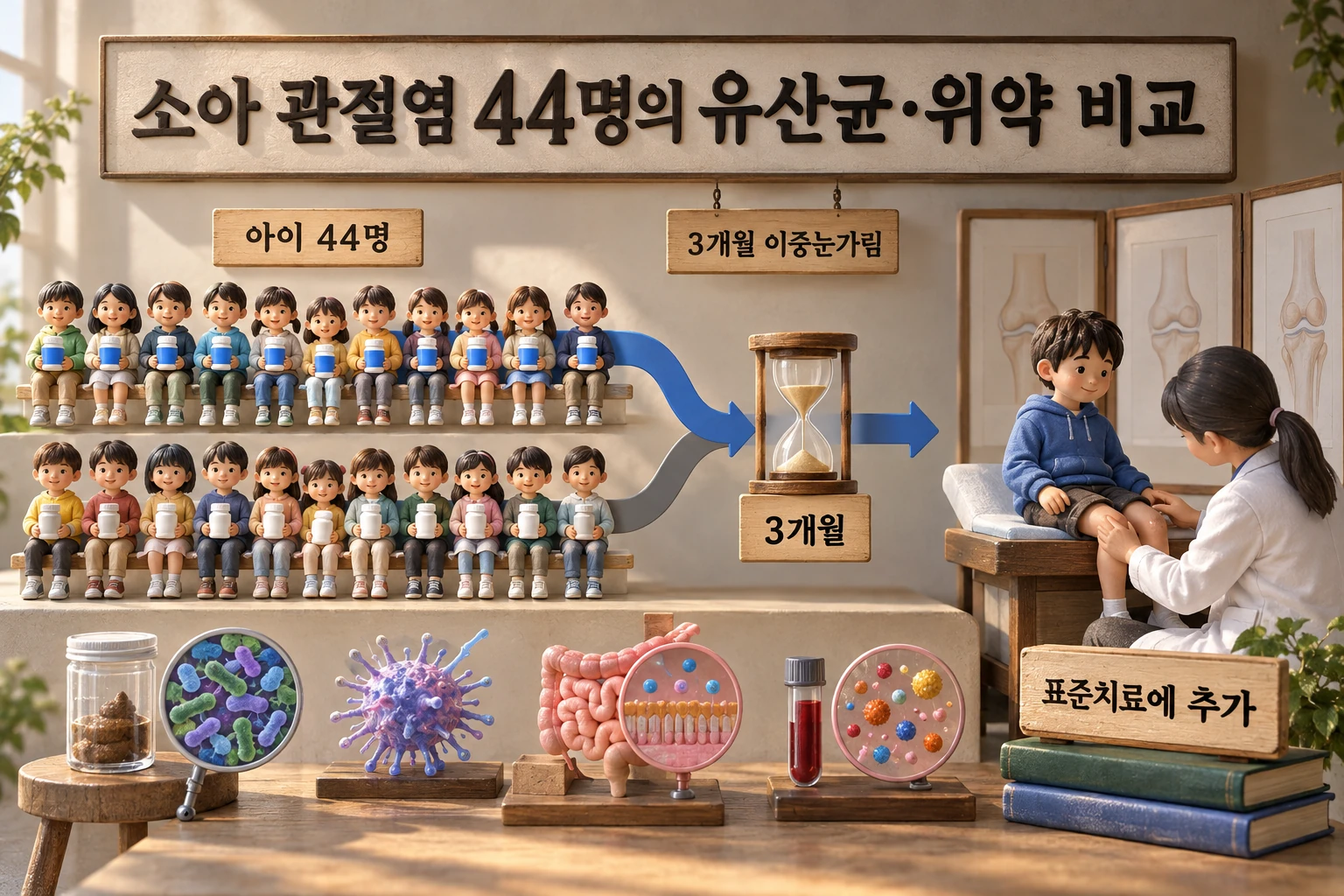 소아 특발성 관절염에 유산균, 장내 신호는 바뀌어도 증상은 좋아지지 않았습니다 연구 결과와 적용 한계를 보여주는 2번째 인포그래픽