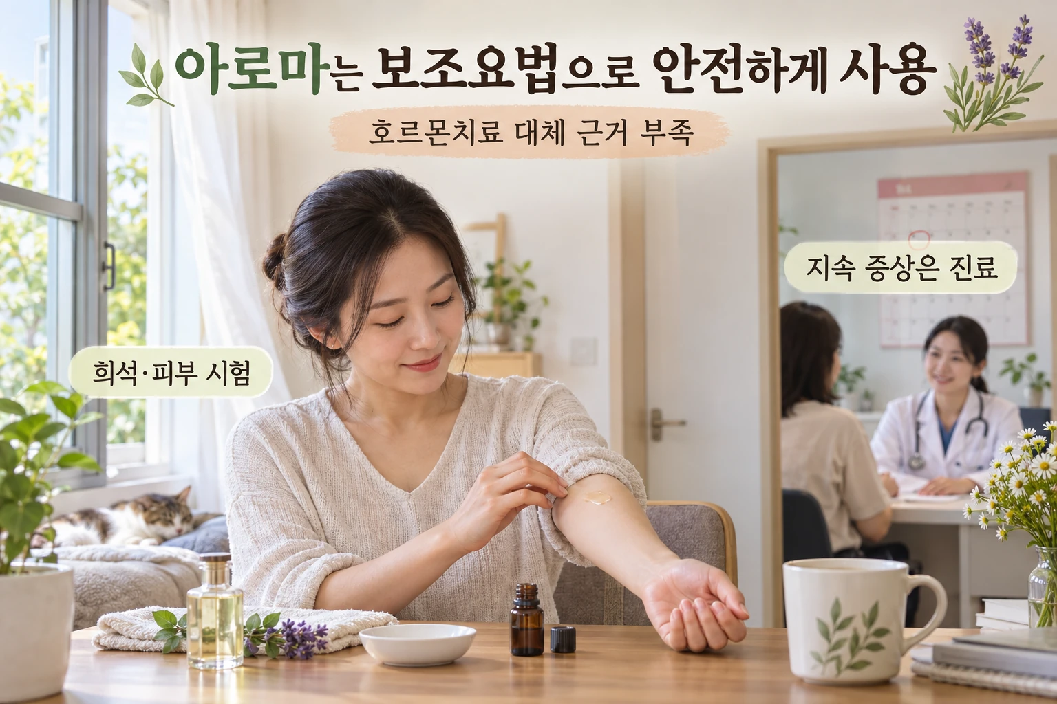 갱년기 아로마요법, 잠은 나아져도 비뇨생식기 증상은 달라지지 않았습니다 연구 결과와 적용 한계를 보여주는 4번째 인포그래픽