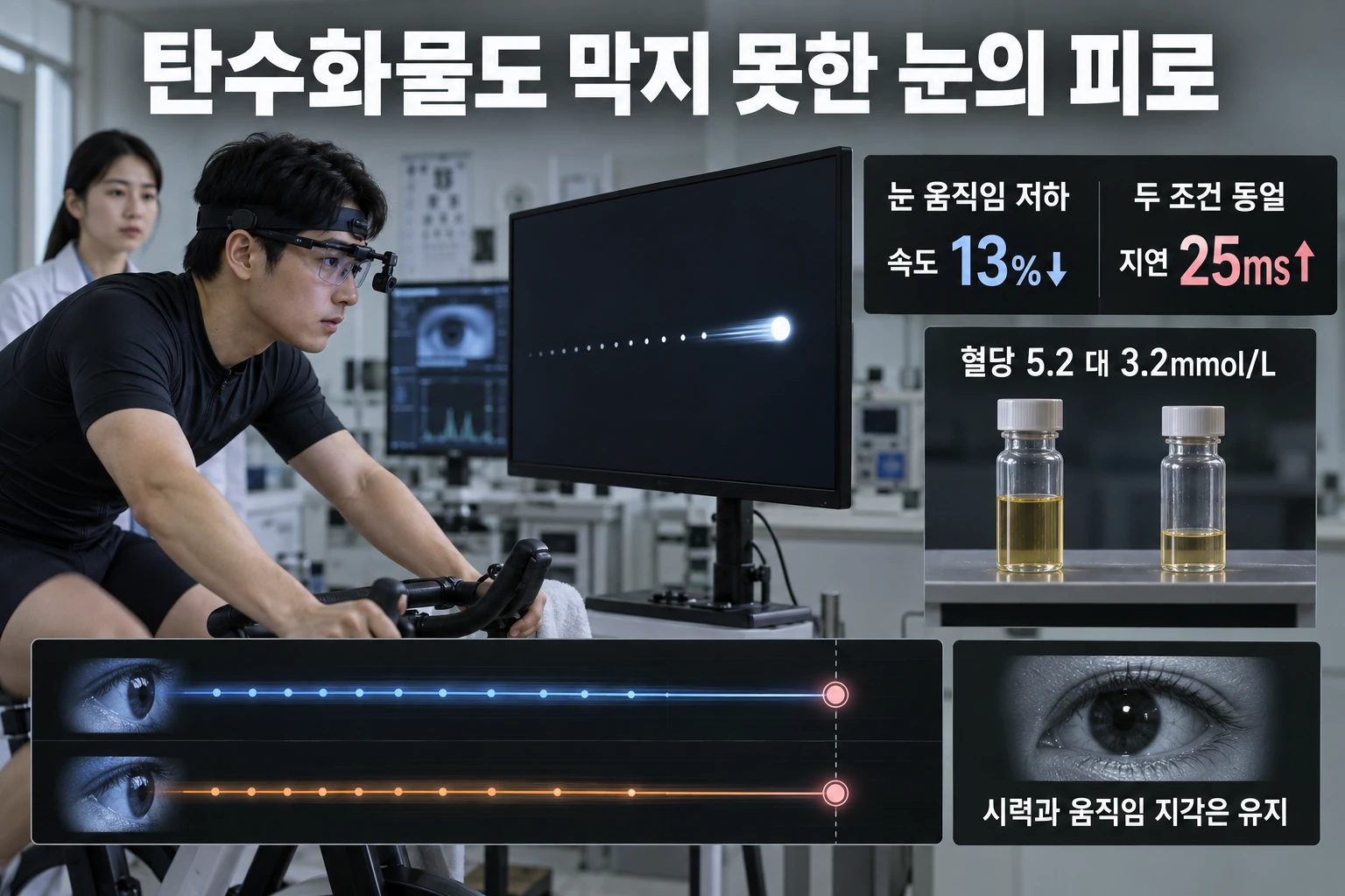 3시간 자전거를 탄 뒤 눈 움직임이 느려질 때, 탄수화물을 먹으면 막을 수 있을까 연구 결과와 적용 한계를 보여주는 3번째 인포그래픽