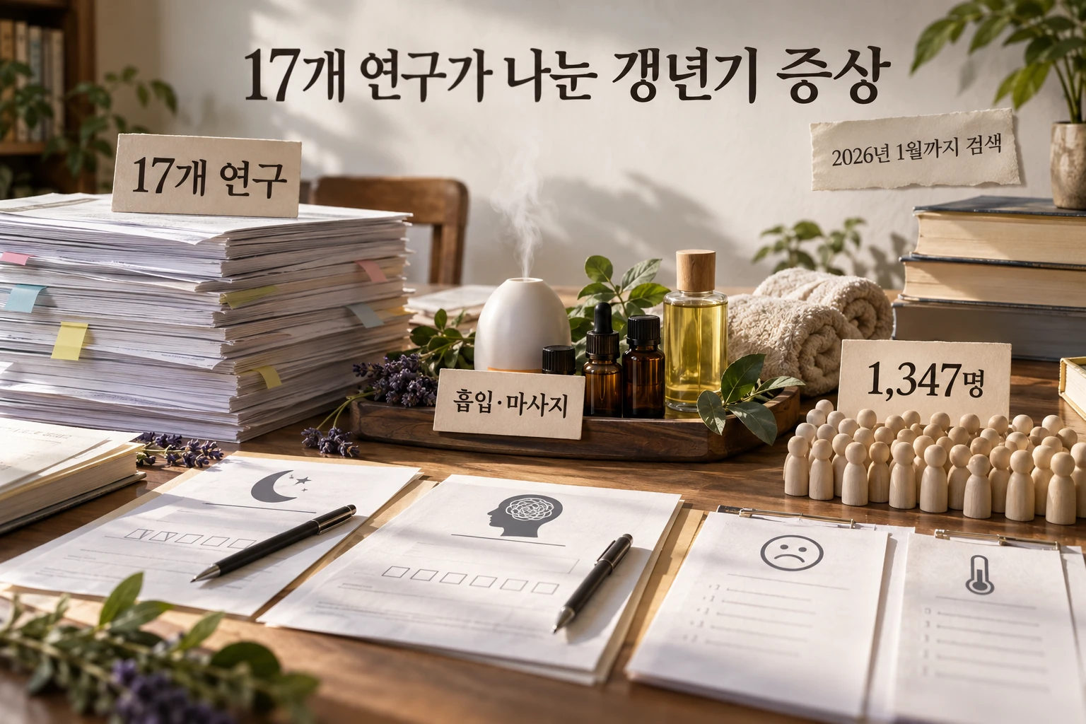 갱년기 아로마요법, 잠은 나아져도 비뇨생식기 증상은 달라지지 않았습니다 연구 결과와 적용 한계를 보여주는 2번째 인포그래픽
