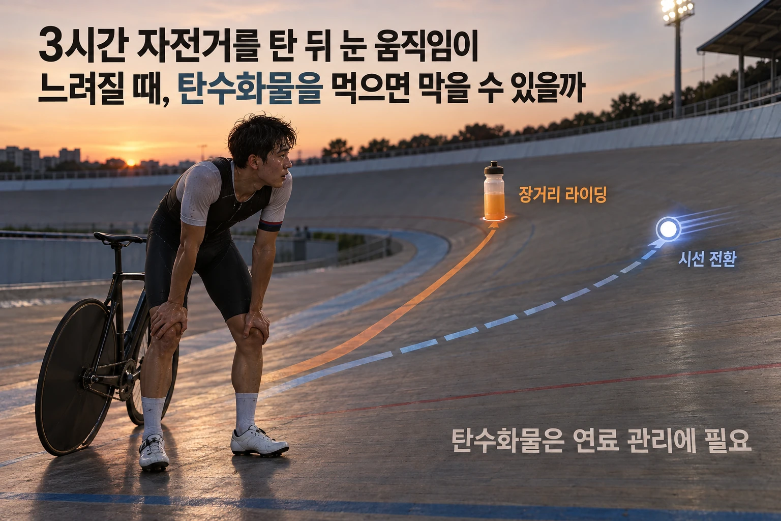 3시간 자전거를 탄 뒤 눈 움직임이 느려질 때, 탄수화물을 먹으면 막을 수 있을까 연구 결과와 적용 한계를 보여주는 1번째 인포그래픽