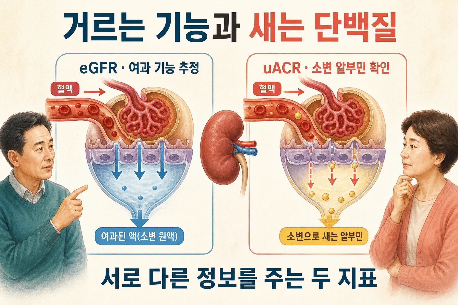 거르는 기능과 새는 단백질 내용을 설명하는 건강 정보 그림