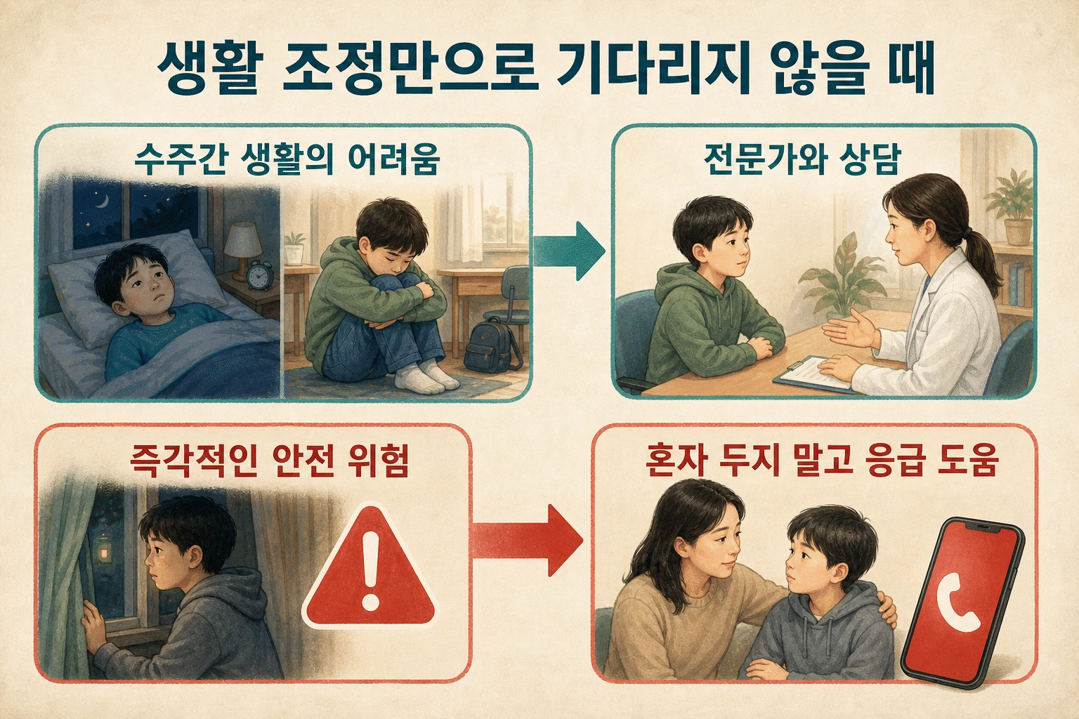 생활 조정만으로 넘기지 않을 신호 내용을 설명하는 건강 정보 그림