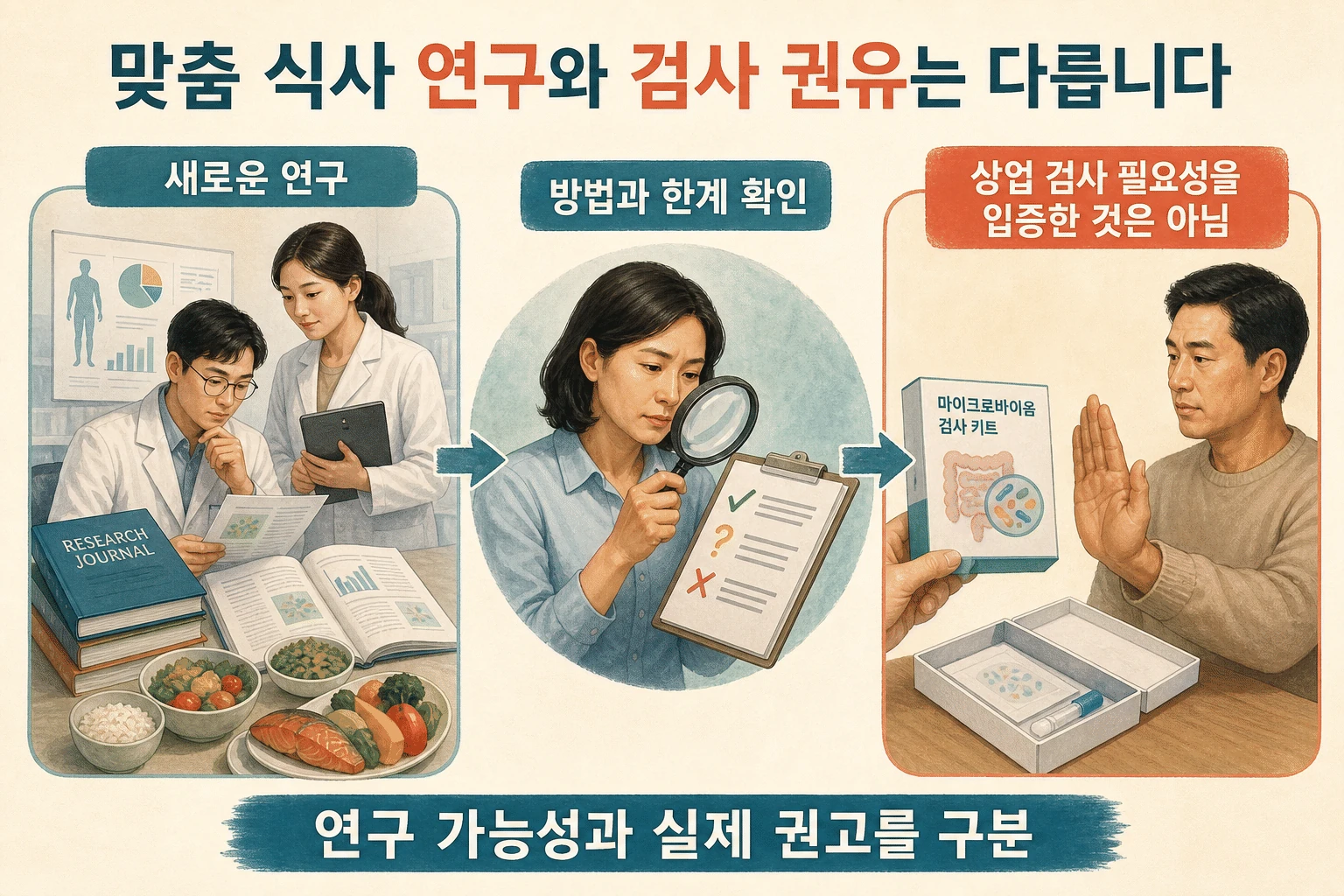 맞춤 식사 연구가 남긴 질문 내용을 설명하는 건강 정보 그림