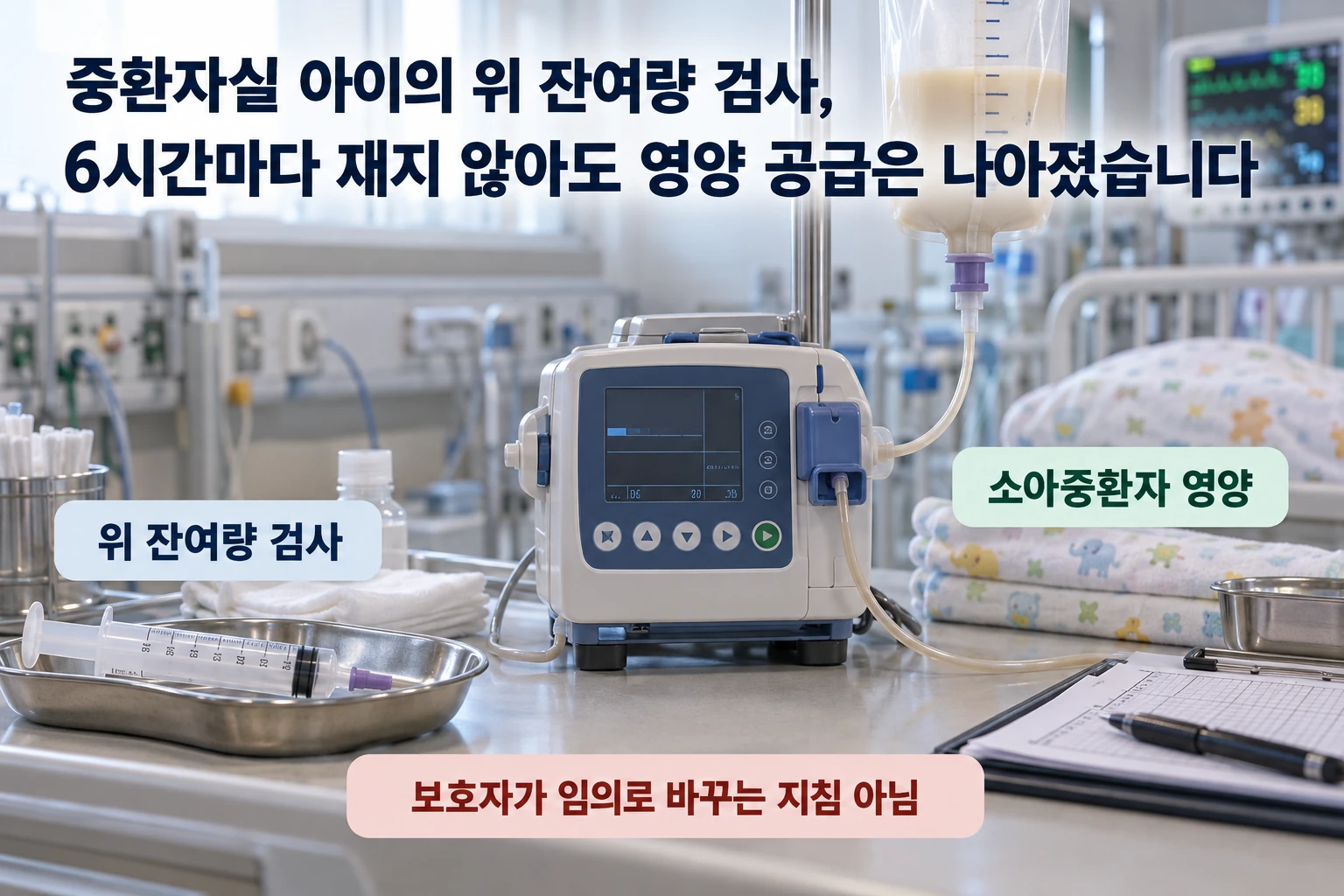 중환자실 아이의 위 잔여량 검사, 6시간마다 재지 않아도 영양 공급은 나아졌습니다 연구 결과와 적용 한계를 보여주는 1번째 인포그래픽