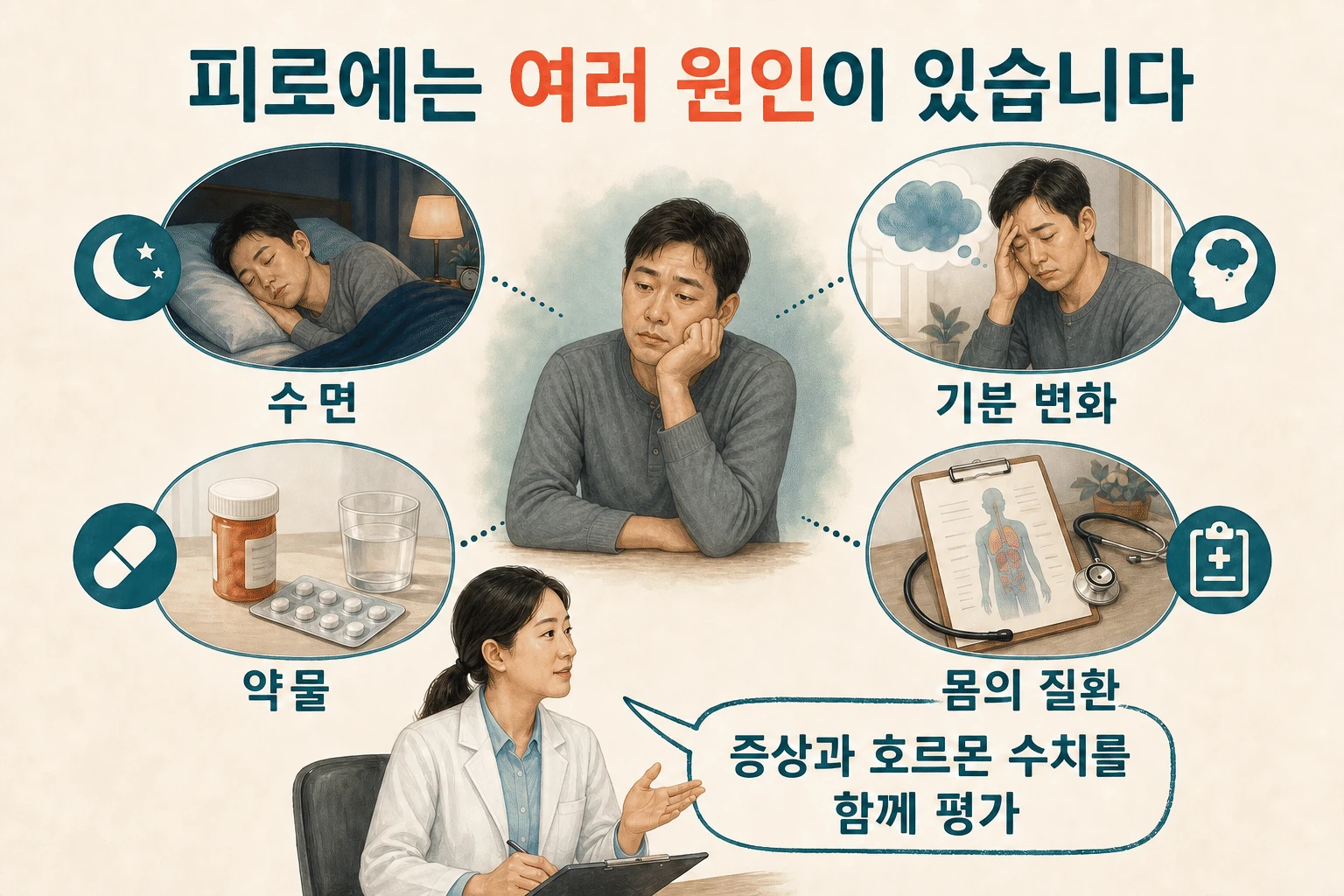 피로라는 넓은 신호 내용을 설명하는 건강 정보 그림