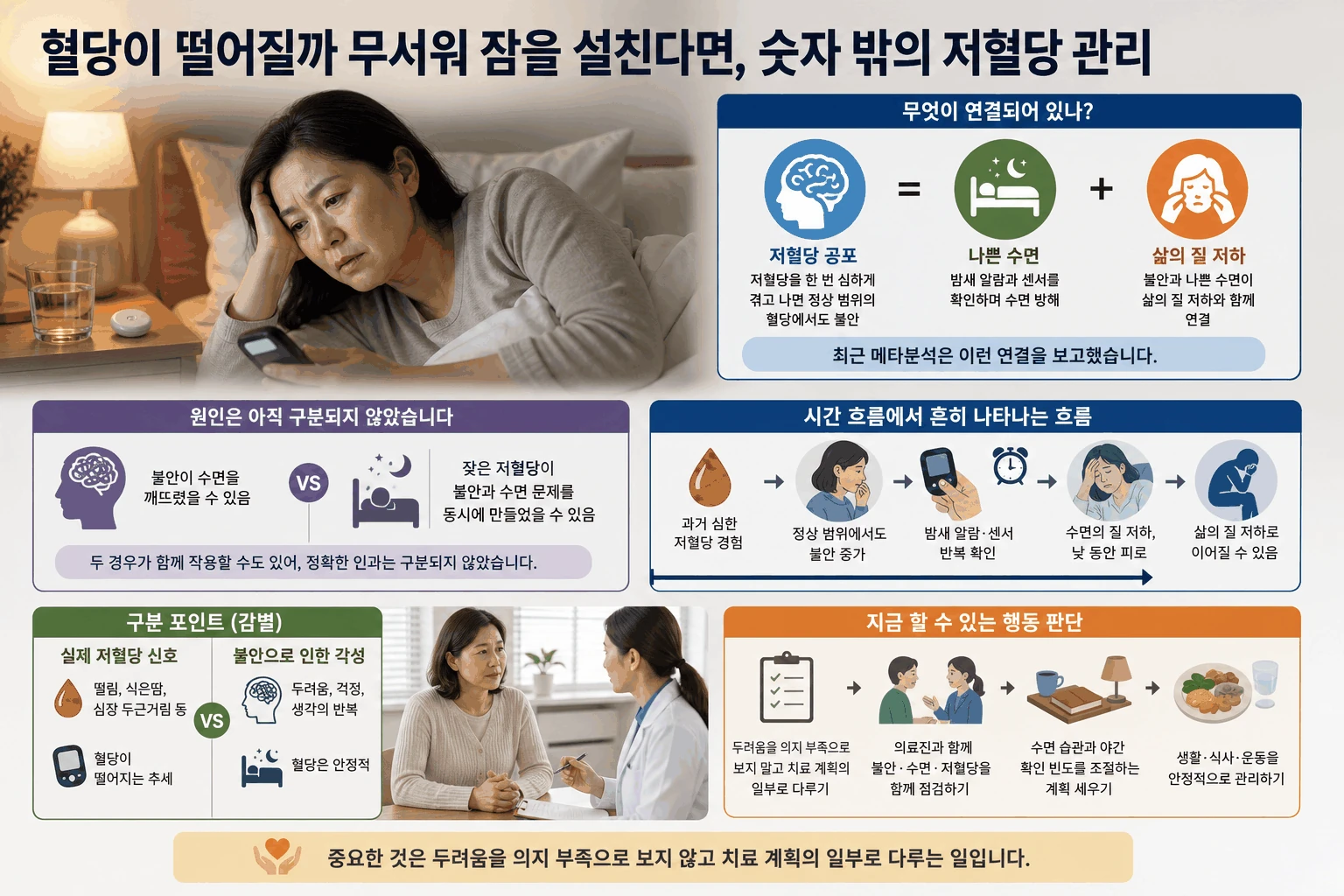 혈당이 떨어질까 무서워 잠을 설친다면, 숫자 밖의 저혈당 관리 핵심 내용을 보여주는 대표 이미지