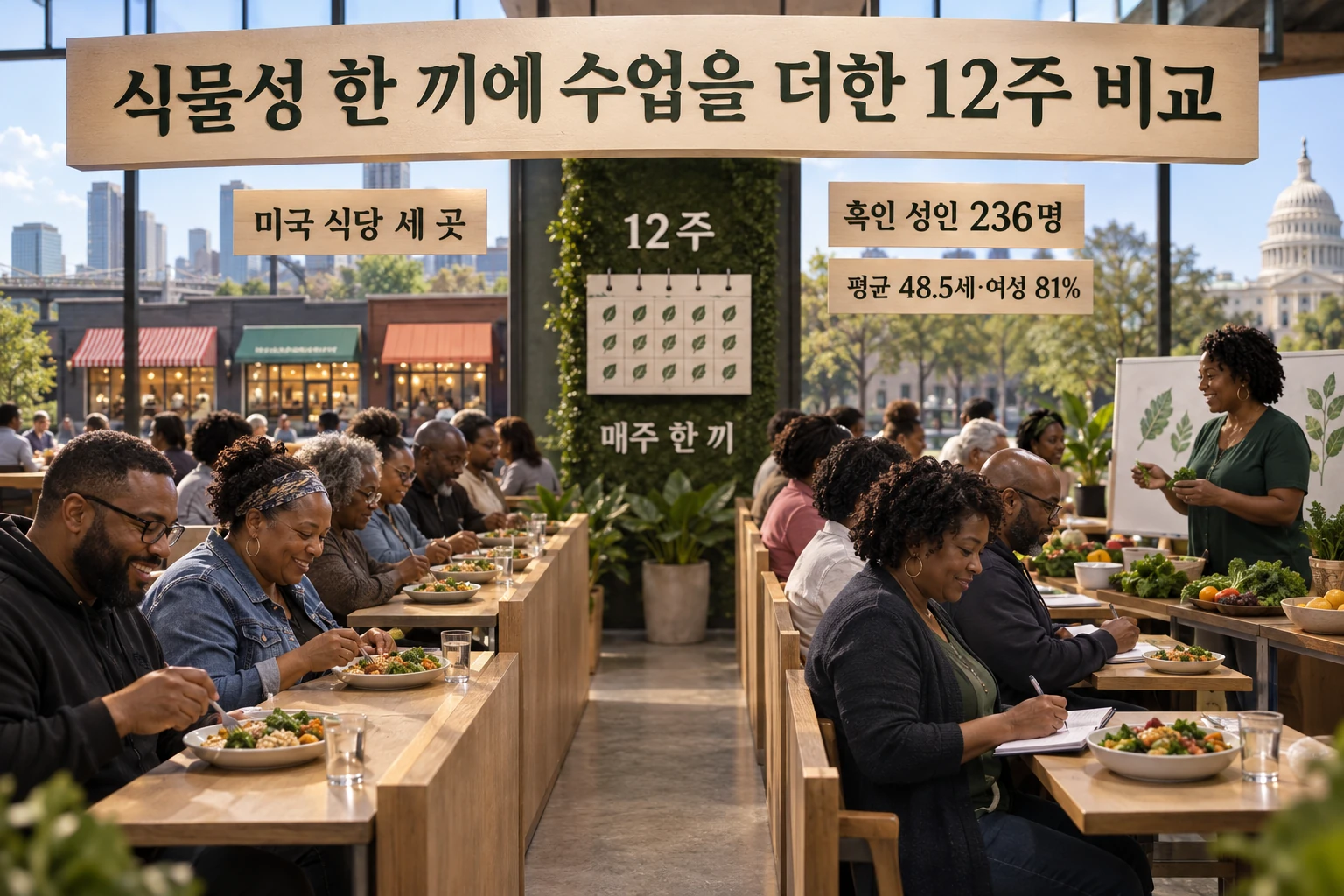 식단 수업과 한 끼 제공, 한 끼만 받을 때보다 체중이 더 줄었습니다 연구 결과와 적용 한계를 보여주는 2번째 인포그래픽