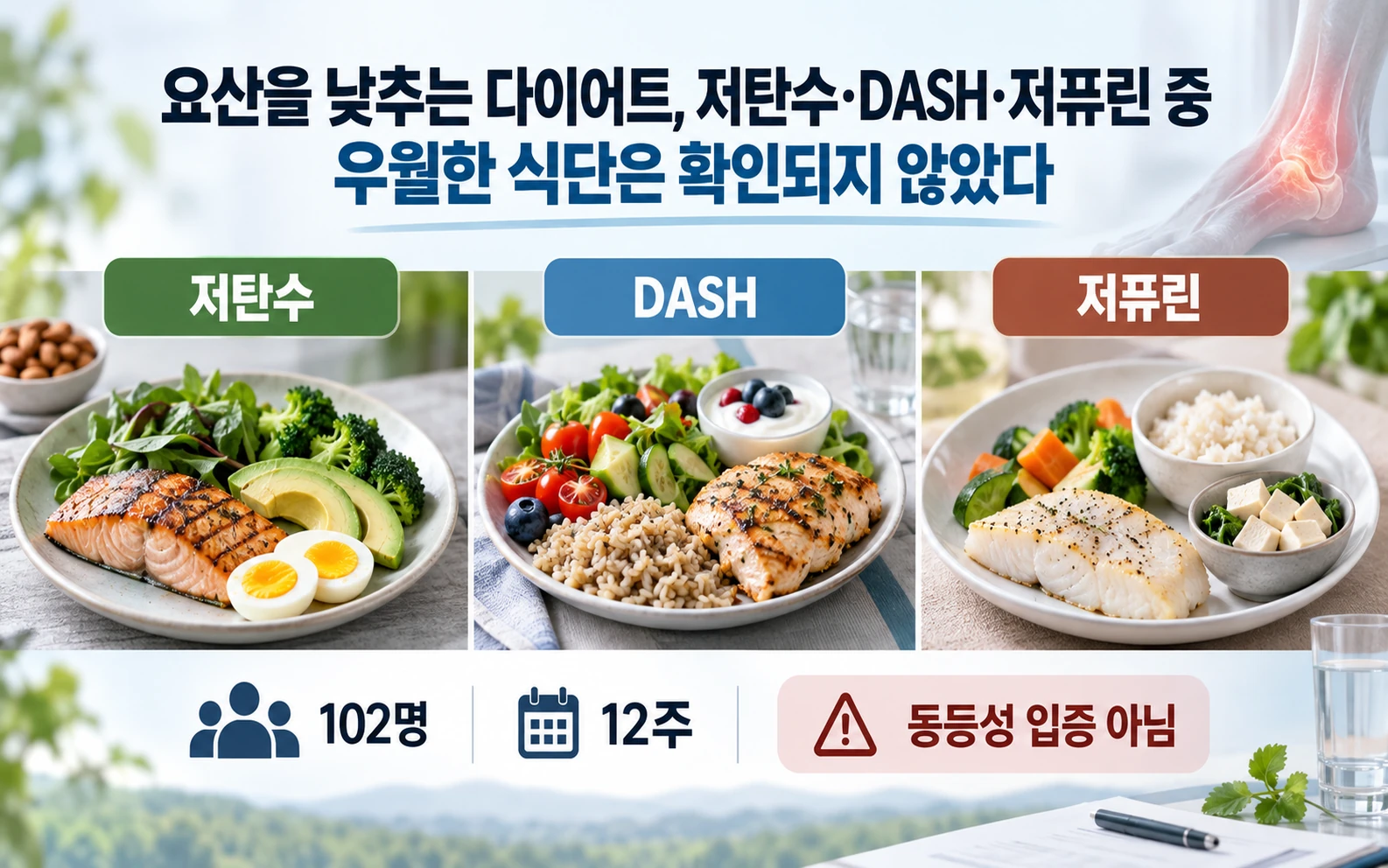요산을 낮추는 다이어트, 저탄수·DASH·저퓨린 중 우월한 식단은 확인되지 않았다 핵심 요약