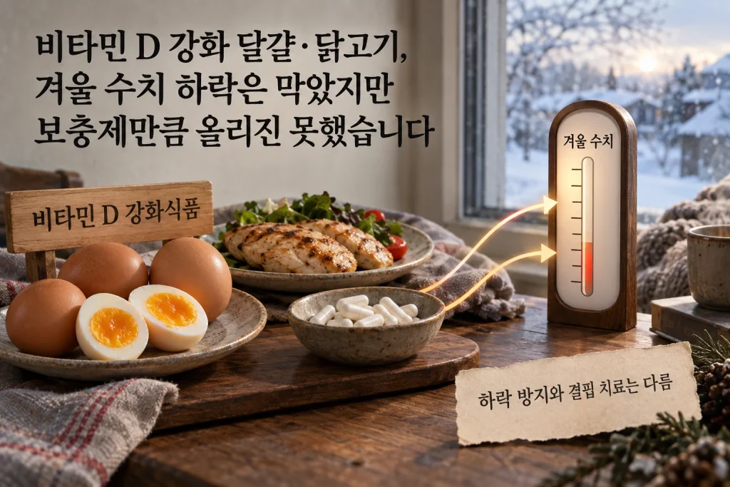 비타민 D 강화 달걀·닭고기, 겨울 수치 하락은 막았지만 보충제만큼 올리진 못했습니다 연구 결과와 적용 한계를 보여주는 1번째 인포그래픽