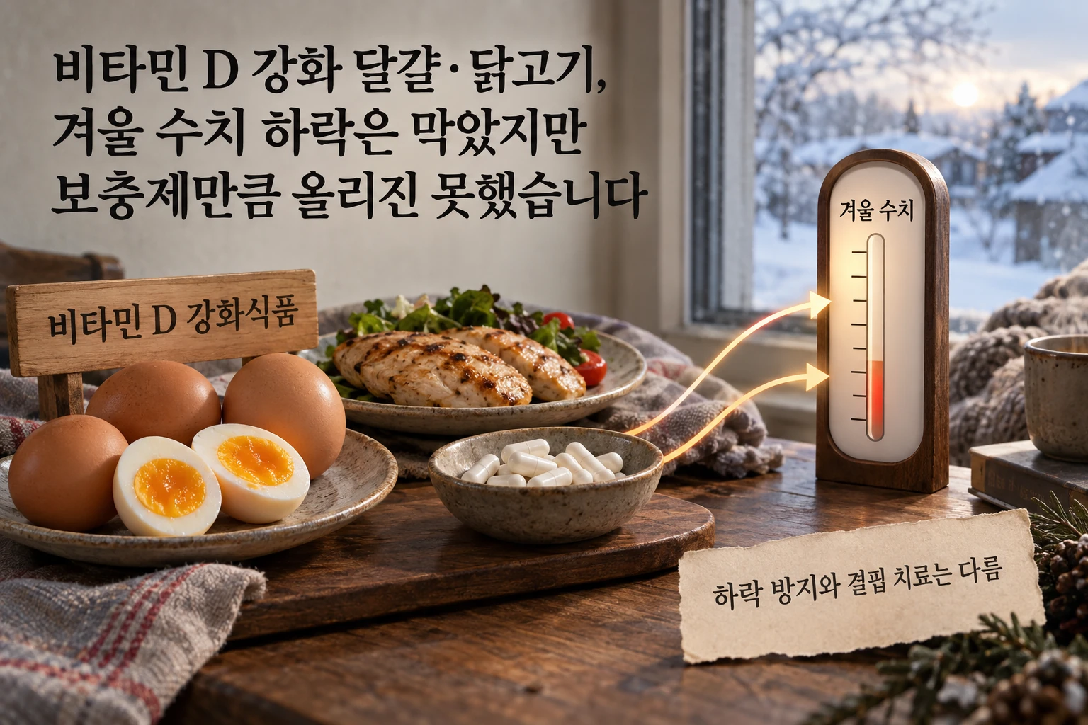 비타민 D 강화 달걀·닭고기, 겨울 수치 하락은 막았지만 보충제만큼 올리진 못했습니다 연구 결과와 적용 한계를 보여주는 1번째 인포그래픽