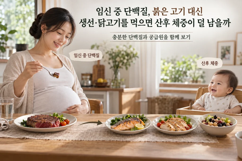 임신 중 단백질, 붉은 고기 대신 생선·닭고기를 먹으면 산후 체중이 덜 남을까 연구 결과와 적용 한계를 보여주는 1번째 인포그래픽
