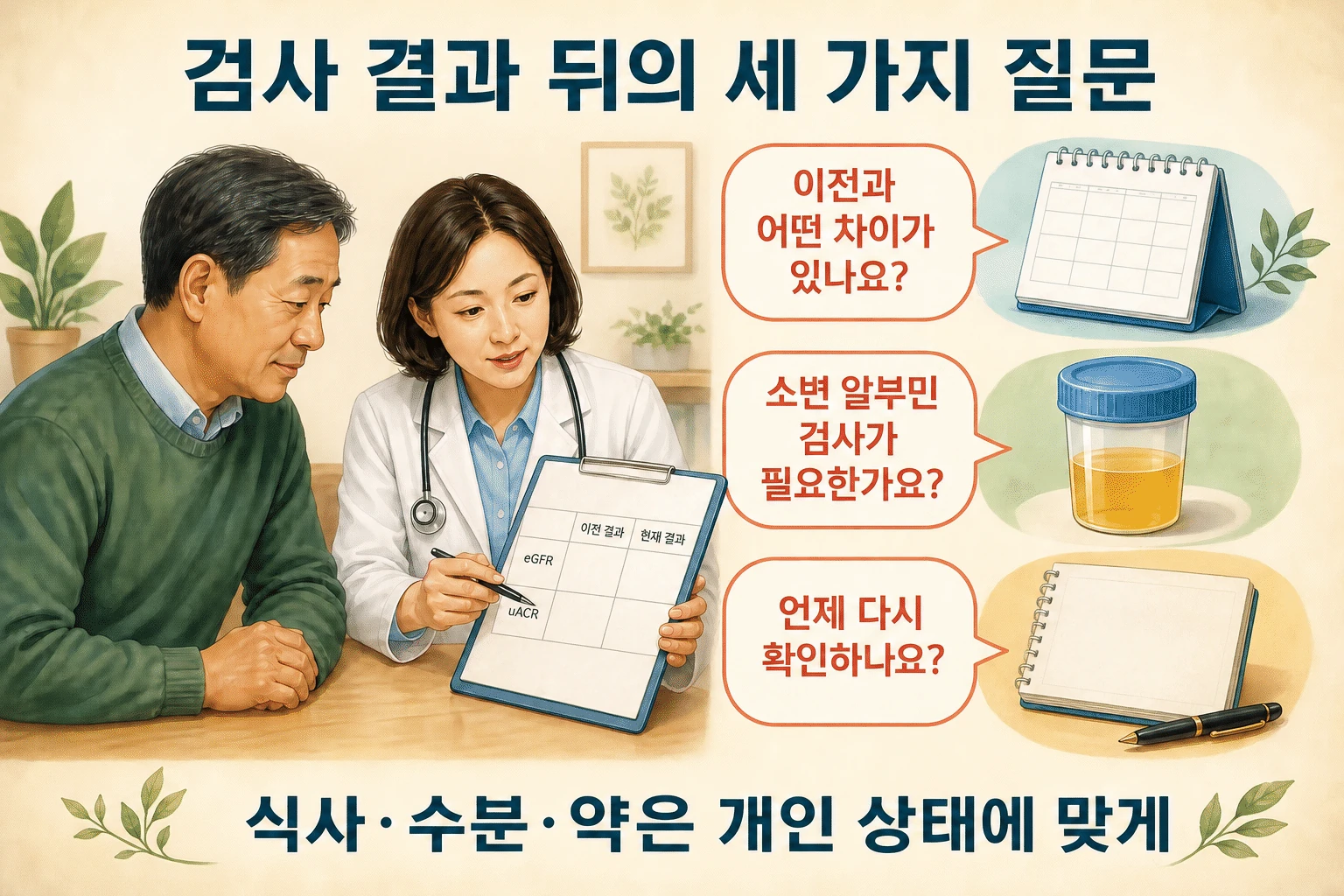 결과를 받은 뒤의 생활 판단 내용을 설명하는 건강 정보 그림