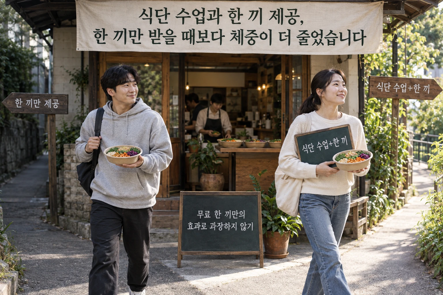 식단 수업과 한 끼 제공, 한 끼만 받을 때보다 체중이 더 줄었습니다 연구 결과와 적용 한계를 보여주는 1번째 인포그래픽